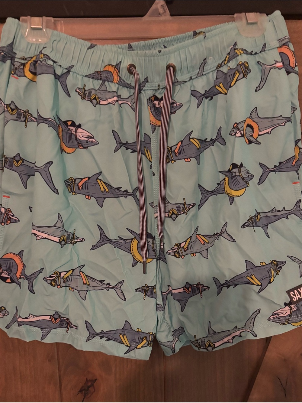Saxx Light Blue Shark Print Swim Trunks